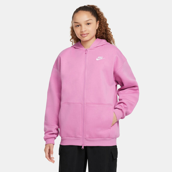 نايكي سبورتسوير كلوب فليس هودي اوفرسايزد بسحاب كامل للأطفال الكبار (للبنات) وردي image number 0